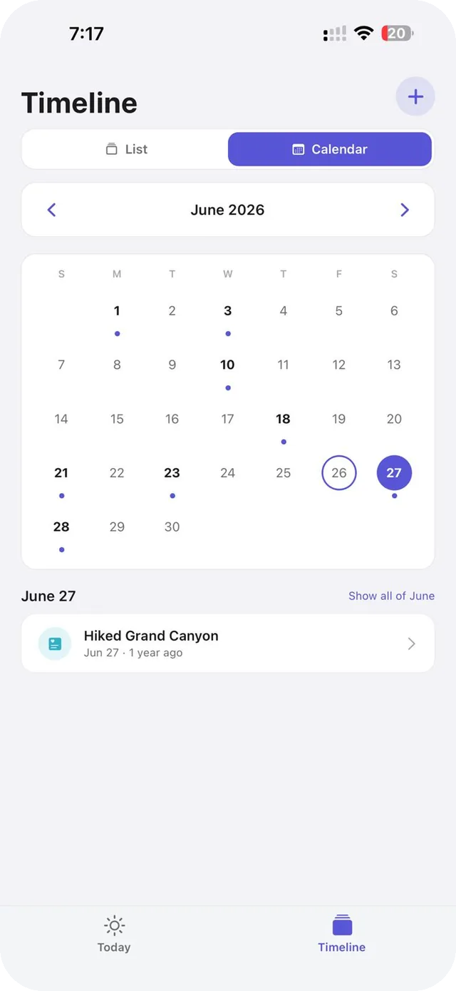 Backstory’s month calendar for June 2026, with a dot under each day that holds a memory.