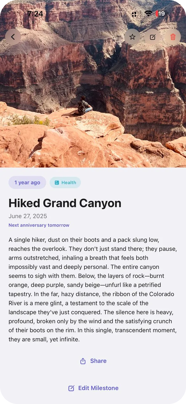 A memory open in Backstory: a full-width photo above the written story and the years since.
