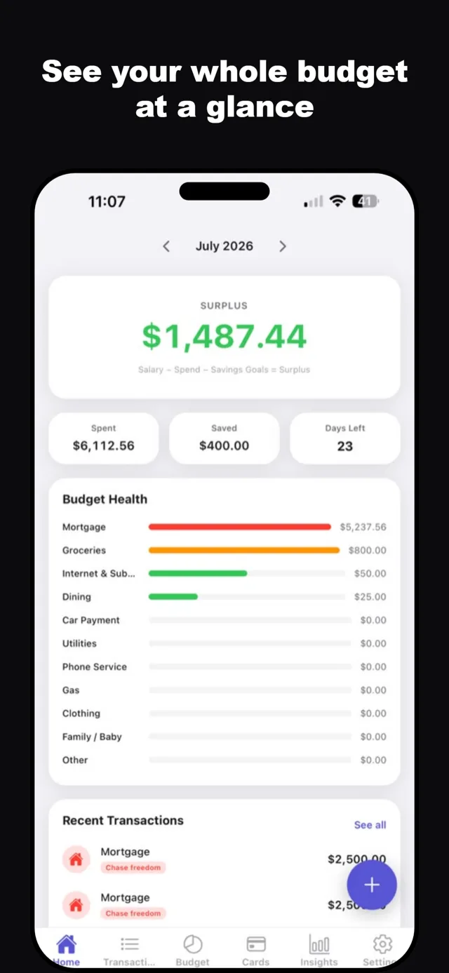 Penny Budget home screen: July 2026 with a $1,487.44 surplus, spent and saved totals, and a budget health bar per category.
